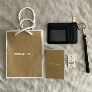 Michael Kors Leather Jet Black and Gold Small Coin Wallet Wristlet Purse